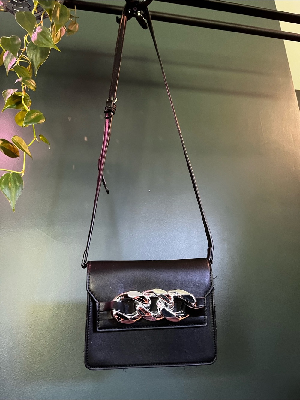 Black Shoulder Bag with Silver Chain Accent